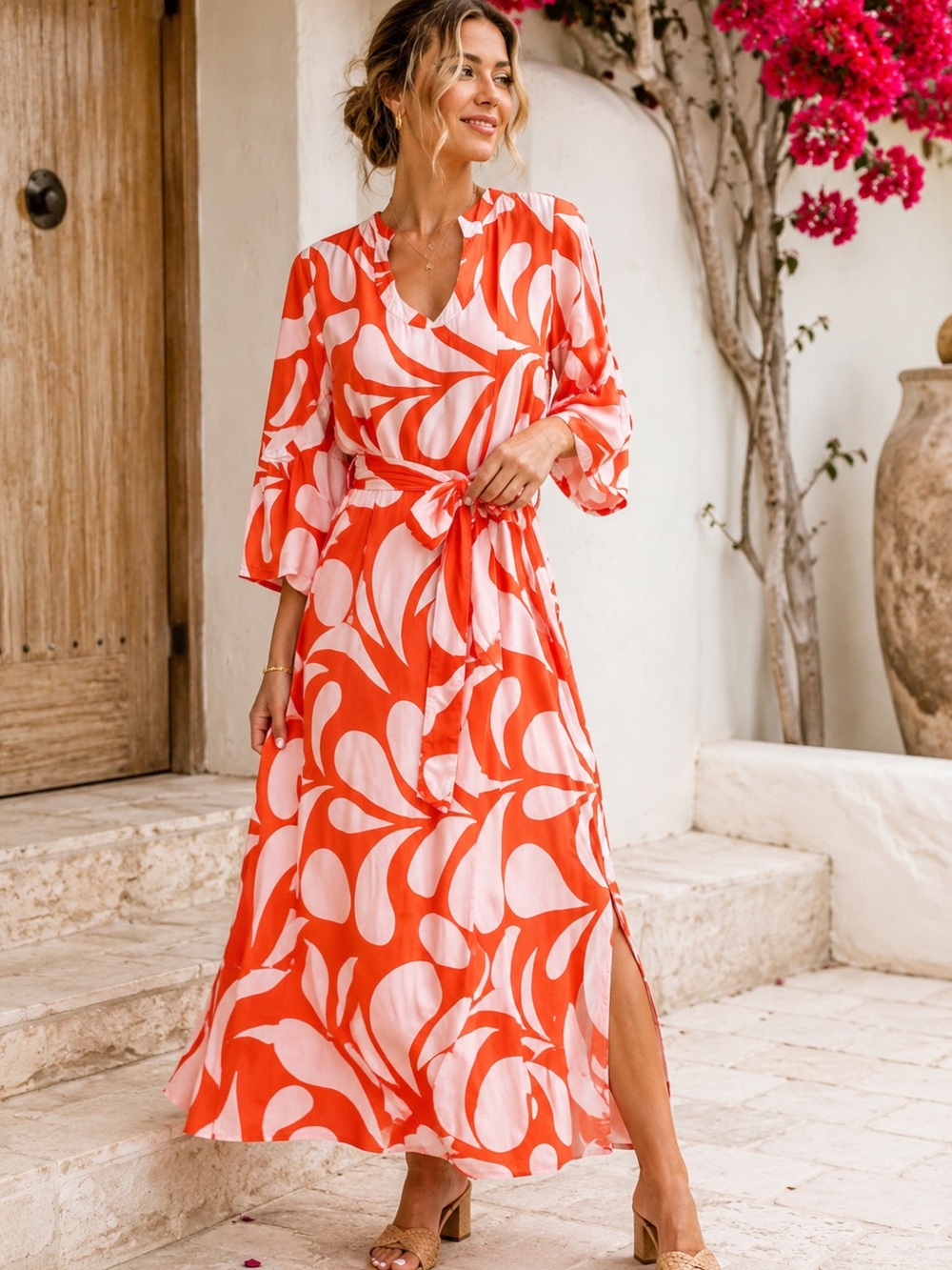 Escapada Coral Floral Belted Maxi Dress M Flutter Sleeve Rayon